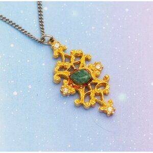 Vintage Elven Dragon Jade Gold Tone Pendant Silver Tone Chain Necklace - J11